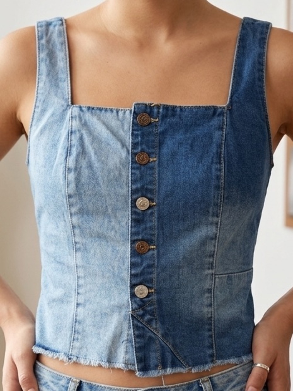 Sincerly Jules Two-Tone Denim Button-Front Crop Top - Light & Dark Blue